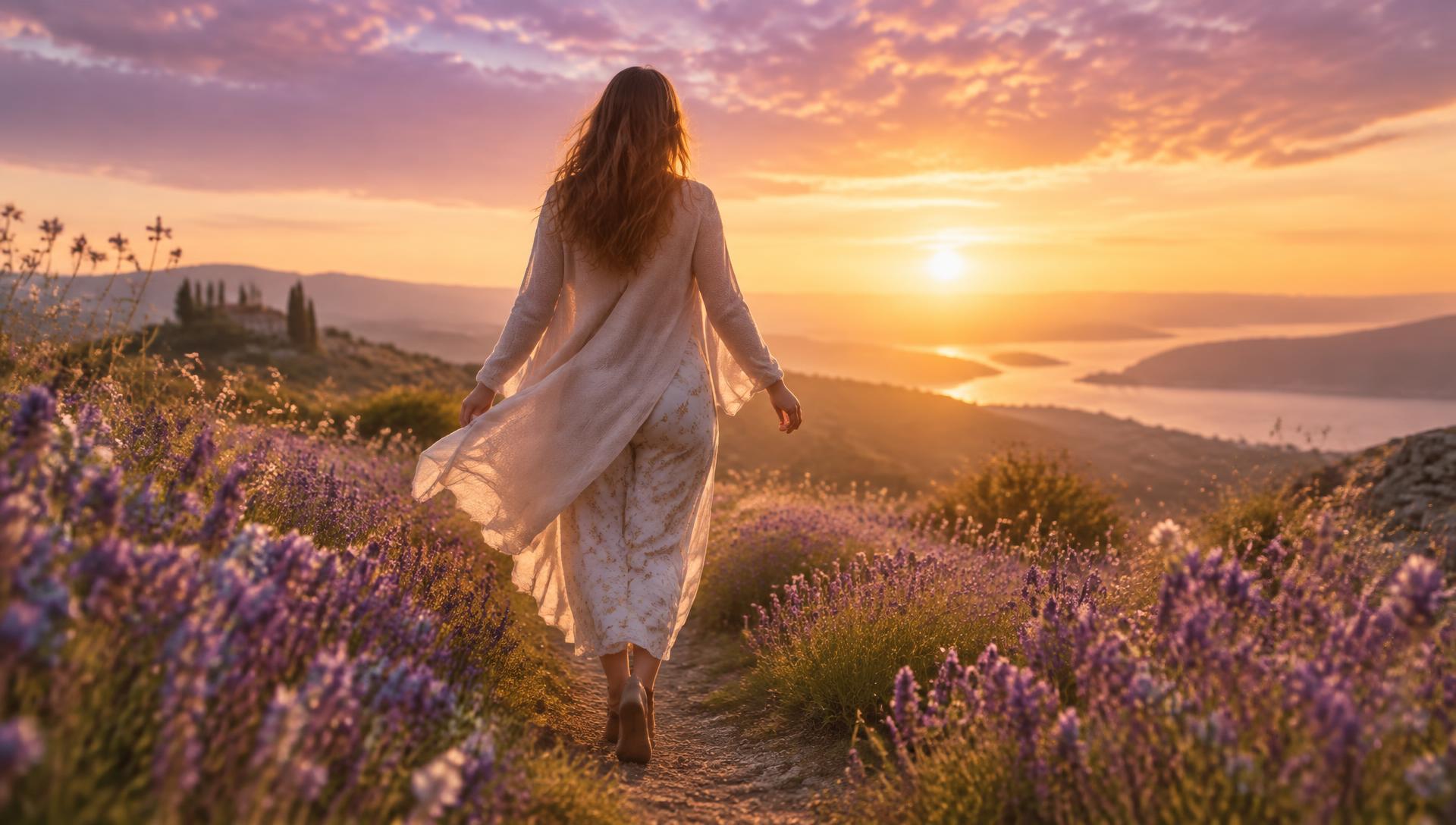 A woman walking a sunlit path through purple wildflowers toward the sunrise