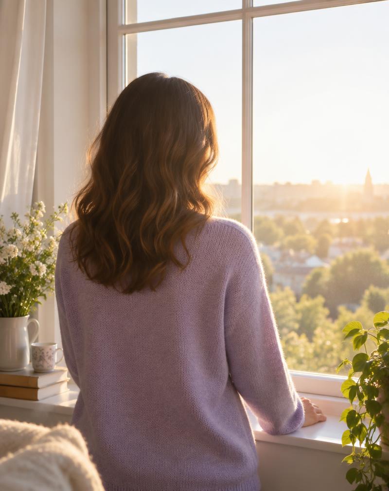 A woman standing at a sunlit window, looking out with hope