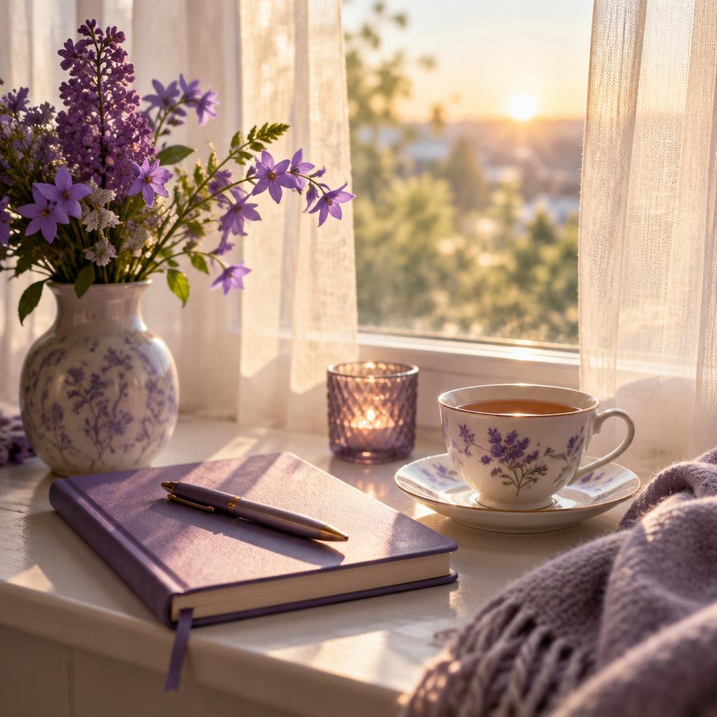 A journal, tea and purple flowers on a sunlit windowsill